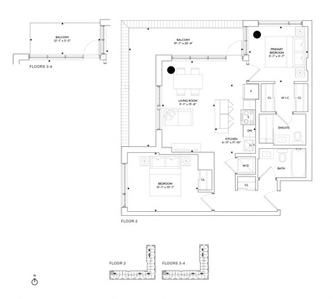 Floor plan for 2 beds, 2 baths, 828 sqft